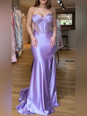 Dave &Johnny Lilac Satin Strapless Corset Evening Gown